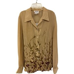 Vintage TESS Silk Two Piece Blouse Set Size L Floral Pattern Beige